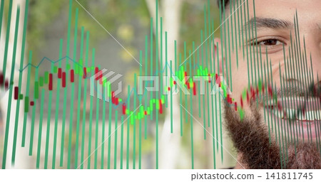 Smiling bearded man watching stock chart overlay at park path, with green candlesticks, copy space. Finance, market, investment, analytics, data, outdoors, nature Smiling bearded man watching stock chart overlay at park path, with green candlesticks, copy space. Finance, market, investment, analytics, data, outdoors, nature 141811745