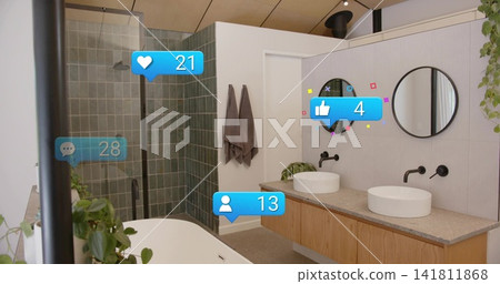 Showing floating double-sink vanity with two round mirrors and vessel sinks in bathroom, AR bubbles Showing floating double-sink vanity with two round mirrors and vessel sinks in bathroom, AR bubbles 141811868