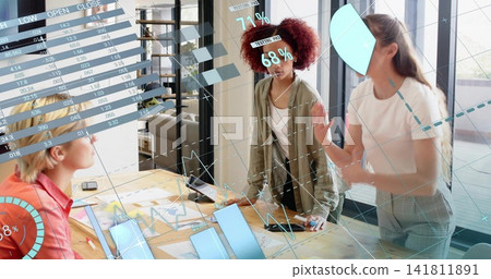 Collaborating three women in office meeting, wearing olive, white, red outfits, viewing AR overlays Collaborating three women in office meeting, wearing olive, white, red outfits, viewing AR overlays 141811891