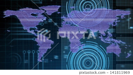 Displaying stylized world map with purple continents on digital HUD, showing cyan rings Displaying stylized world map with purple continents on digital HUD, showing cyan rings 141811969