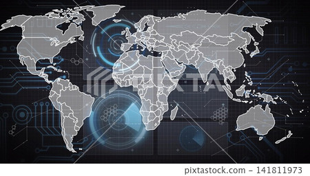 Displaying stylized global map on dark dashboard, overlaying HUD circles, network traces, nodes 141811973