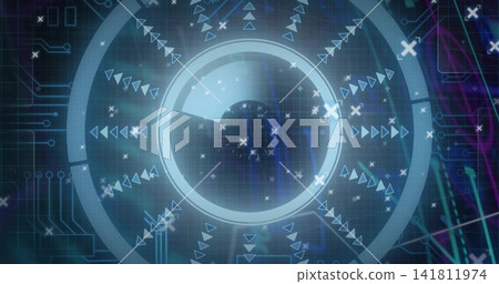 Displaying centered HUD circle pulsing in virtual interface, showing concentric rings, grid, neon Displaying centered HUD circle pulsing in virtual interface, showing concentric rings, grid, neon 141811974