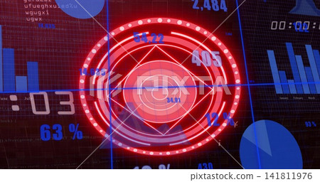 Displaying red radial target with diamond overlay and crosshair on HUD, showing charts counters Displaying red radial target with diamond overlay and crosshair on HUD, showing charts counters 141811976