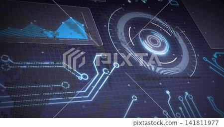 Showing radial HUD pulsing on dark blue grid plane with neon traces, chart, readouts, copy space Showing radial HUD pulsing on dark blue grid plane with neon traces, chart, readouts, copy space 141811977