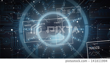Glowing holographic interface showing numeric HUD panels, circular ring, keyboard grid over circuit Glowing holographic interface showing numeric HUD panels, circular ring, keyboard grid over circuit 141811994