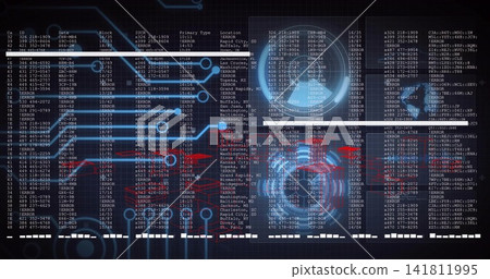 Displaying digital dashboard HUD on dark grid, showing monospaced data, blue traces, ERROR labels Displaying digital dashboard HUD on dark grid, showing monospaced data, blue traces, ERROR labels 141811995