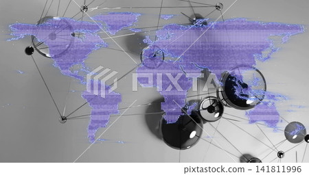 Displaying translucent purple dotted world map overlay hovering above black spheres linked by rods Displaying translucent purple dotted world map overlay hovering above black spheres linked by rods 141811996