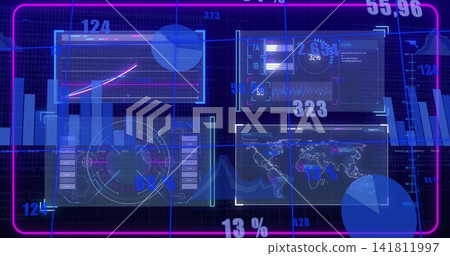 Displaying four translucent panels floating on dark grid, showing charts, map, gauges, numbers Displaying four translucent panels floating on dark grid, showing charts, map, gauges, numbers 141811997