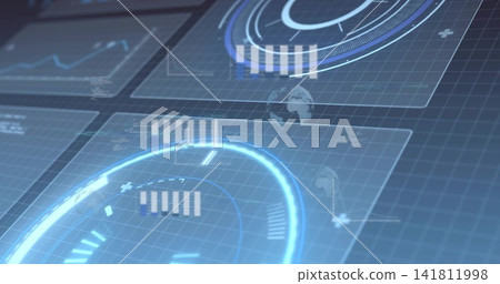 Displaying glowing circular holographic dial on dark grid plane at virtual HUD, showing data panels Displaying glowing circular holographic dial on dark grid plane at virtual HUD, showing data panels 141811998