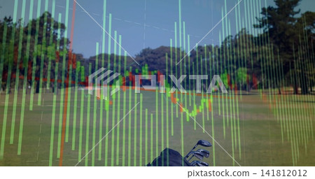 Displaying golf bag with metal clubs on right fairway, overlaying translucent financial chart bars Displaying golf bag with metal clubs on right fairway, overlaying translucent financial chart bars 141812012