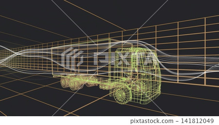 Rendering neon truck wireframe moving across digital studio grid, with dotted waves and orange grid Rendering neon truck wireframe moving across digital studio grid, with dotted waves and orange grid 141812049