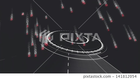 Projecting concentric HUD rings rotating above virtual grid panel, with falling binary digit nodes 141812054