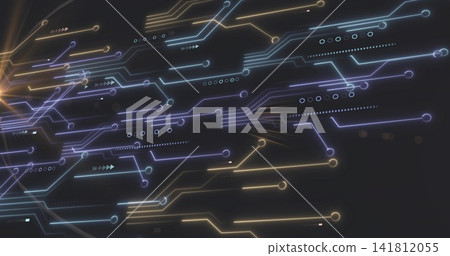 Flowing neon circuit traces creating depth on dark backdrop, with nodes, arrows, motion blur Flowing neon circuit traces creating depth on dark backdrop, with nodes, arrows, motion blur 141812055