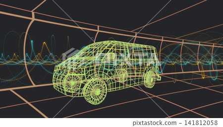 Displaying neon wireframe van rotating in virtual 3D tunnel, with orange grid and waveforms Displaying neon wireframe van rotating in virtual 3D tunnel, with orange grid and waveforms 141812058