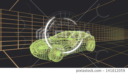 Rendering neon wireframe sports car rotating in 3D tunnel, with orange grid and white HUD rings Rendering neon wireframe sports car rotating in 3D tunnel, with orange grid and white HUD rings 141812059