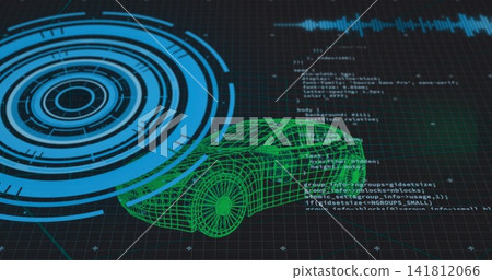 Rotating 3D green wireframe car center-right on dark grid plane showing blue HUD code cyan waveform Rotating 3D green wireframe car center-right on dark grid plane showing blue HUD code cyan waveform 141812066