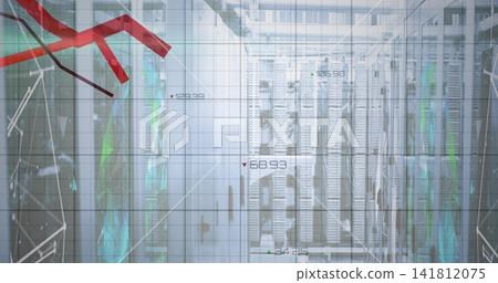 Displaying central server racks showing metrics in server room, with glass panels and red chart Displaying central server racks showing metrics in server room, with glass panels and red chart 141812075