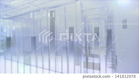 Glowing glass-front server cabinets reflecting charts in data center corridor, with cabling 141812078