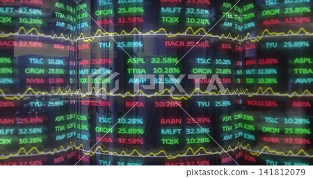 Displaying LED ticker wall at trading floor, showing stock symbols, percentages, yellow line Displaying LED ticker wall at trading floor, showing stock symbols, percentages, yellow line 141812079