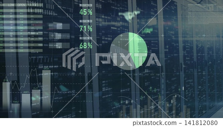 Displaying server racks in data center behind glass, projecting analytics overlays with pie chart Displaying server racks in data center behind glass, projecting analytics overlays with pie chart 141812080