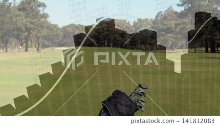 Sitting black golf bag leaning on fairway by treeline, showing irons and data overlay, copy space Sitting black golf bag leaning on fairway by treeline, showing irons and data overlay, copy space 141812083