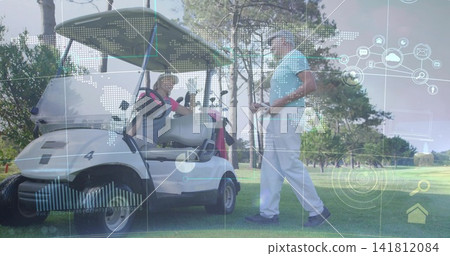Gesturing man talking to woman wearing pink-polo in cart on fairway, with clubs AR-HUD Gesturing man talking to woman wearing pink-polo in cart on fairway, with clubs AR-HUD 141812084