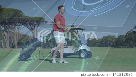 Holding golf club, golfer aiming at golf ball on fairway with HUD overlay, wearing red polo 141812085