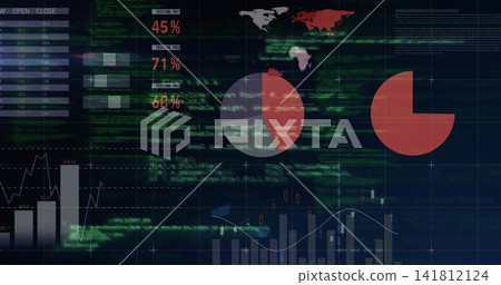 Displaying data dashboard on monitor, showing red pie charts, OPEN or CLOSE table and scrolling code Displaying data dashboard on monitor, showing red pie charts, OPEN or CLOSE table and scrolling code 141812124