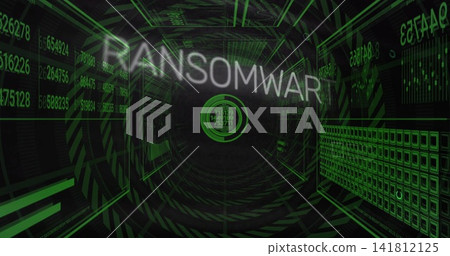 Pulsing central emblem and RANSOMWAR text glowing in simulated cyberspace tunnel, with code grids Pulsing central emblem and RANSOMWAR text glowing in simulated cyberspace tunnel, with code grids 141812125
