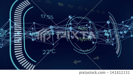 Projecting holographic vehicle HUD over cockpit, displaying gauge rings, 3D node graph, readouts Projecting holographic vehicle HUD over cockpit, displaying gauge rings, 3D node graph, readouts 141812131