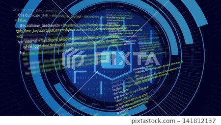 Displaying hexagonal shield with padlock glowing in cyber dashboard with HUD rings and flowing code Displaying hexagonal shield with padlock glowing in cyber dashboard with HUD rings and flowing code 141812137