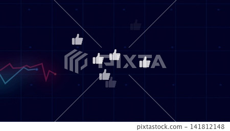 Displaying thumbs-up icons floating on dark grid with cyan and red trend lines, red highlight point Displaying thumbs-up icons floating on dark grid with cyan and red trend lines, red highlight point 141812148