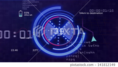 Displaying central circular HUD gauge showing 39 km or h on dark grid, with 55% battery, 54km route 141812149