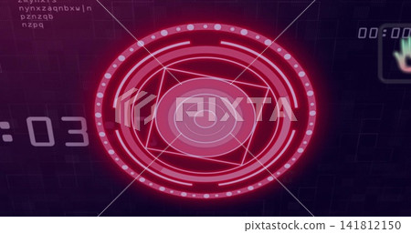 Displaying central HUD pulsing on dark grid matrix with dotted ring, diamond frame, :03 00:00 141812150