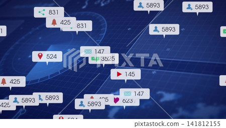 Displaying dense cluster of notification bubbles on dark blue grid, with user and message icons Displaying dense cluster of notification bubbles on dark blue grid, with user and message icons 141812155