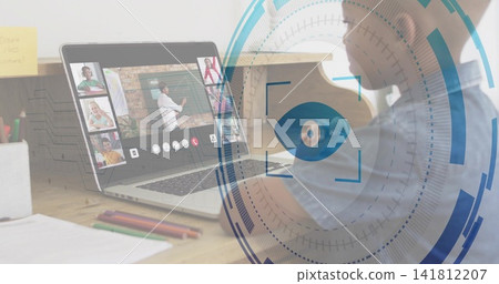Displaying laptop running call at home desk, student wearing casual top, eye overlay, copy space Displaying laptop running call at home desk, student wearing casual top, eye overlay, copy space 141812207