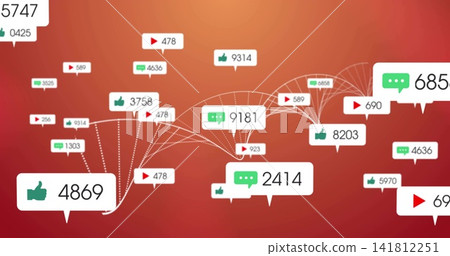 Displaying white bubbles on red-orange gradient, showing green thumbs, red play icons, counts Displaying white bubbles on red-orange gradient, showing green thumbs, red play icons, counts 141812251