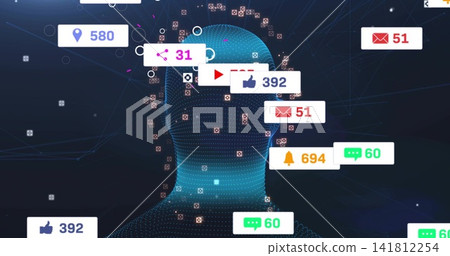 Floating teal point-cloud humanoid head and torso in virtual network, showing notification icons Floating teal point-cloud humanoid head and torso in virtual network, showing notification icons 141812254