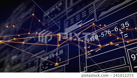 Displaying lit gold nodes linking orange lines over virtual panels, showing readout 9120-576-6 Displaying lit gold nodes linking orange lines over virtual panels, showing readout 9120-576-6 141812255