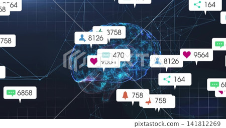 Glowing neon wireframe brain hologram hovering above navy grid with digital alerts and badges Glowing neon wireframe brain hologram hovering above navy grid with digital alerts and badges 141812269