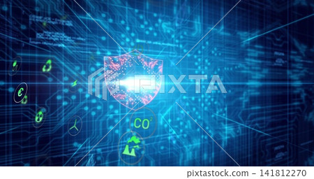 Glowing shield emblem pulsing at center in virtual 3D circuit grid, showing CO0, euro, wind icons Glowing shield emblem pulsing at center in virtual 3D circuit grid, showing CO0, euro, wind icons 141812270
