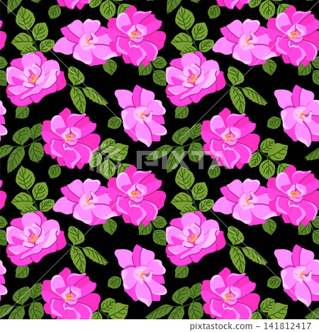 Vector background with dog roses. A popular Victorian motif. A symbol of love and passion. Seamless pattern with pink roses on a black background. Clipart for wrapping paper for cosmetics and perfumes Vector background with dog roses. A popular Victorian motif. A symbol of love and passion. Seamless pattern with pink roses on a black background. Clipart for wrapping paper for cosmetics and perfumes 141812417
