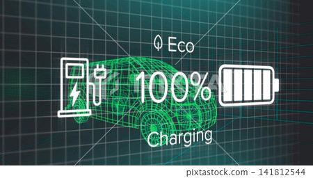 Displaying green wireframe electric car graphic showing 100% charging on dashboard, battery icon Displaying green wireframe electric car graphic showing 100% charging on dashboard, battery icon 141812544