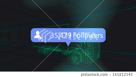 Hovering follower bubble showing 35,479 Followers, user-plus icon above wireframe truck in 3D space Hovering follower bubble showing 35,479 Followers, user-plus icon above wireframe truck in 3D space 141812545