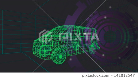 Displaying neon green wireframe van model rotating in dark virtual grid studio, showing purple HUD Displaying neon green wireframe van model rotating in dark virtual grid studio, showing purple HUD 141812547
