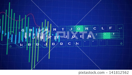 Displaying virtual keyboard overlaying blue grid dashboard, green keys, bar charts, magenta line 141812562