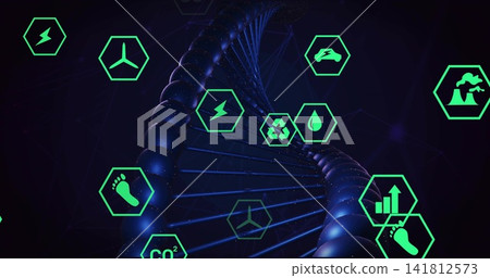Featuring glossy blue DNA helix connecting neon green hex icons in virtual space, data network Featuring glossy blue DNA helix connecting neon green hex icons in virtual space, data network 141812573