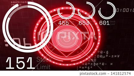 Displaying central red concentric HUD on dark grid, showing progress rings, LEDs, 151 stock limit Displaying central red concentric HUD on dark grid, showing progress rings, LEDs, 151 stock limit 141812574