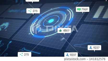 Displaying central circular HUD pulsing on dark grid, showing notification badges, chart panels Displaying central circular HUD pulsing on dark grid, showing notification badges, chart panels 141812576