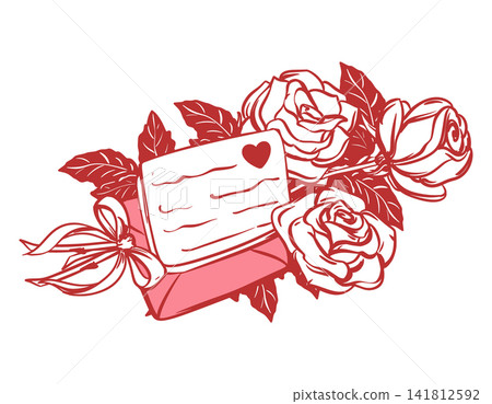 Vector sketch of white roses and a love letter. A bouquet of flowers with bow and a message from a smitten admirer. The drawing imitates a quick ink sketch. Clipart for Valentine's Day. Coquette style 141812592